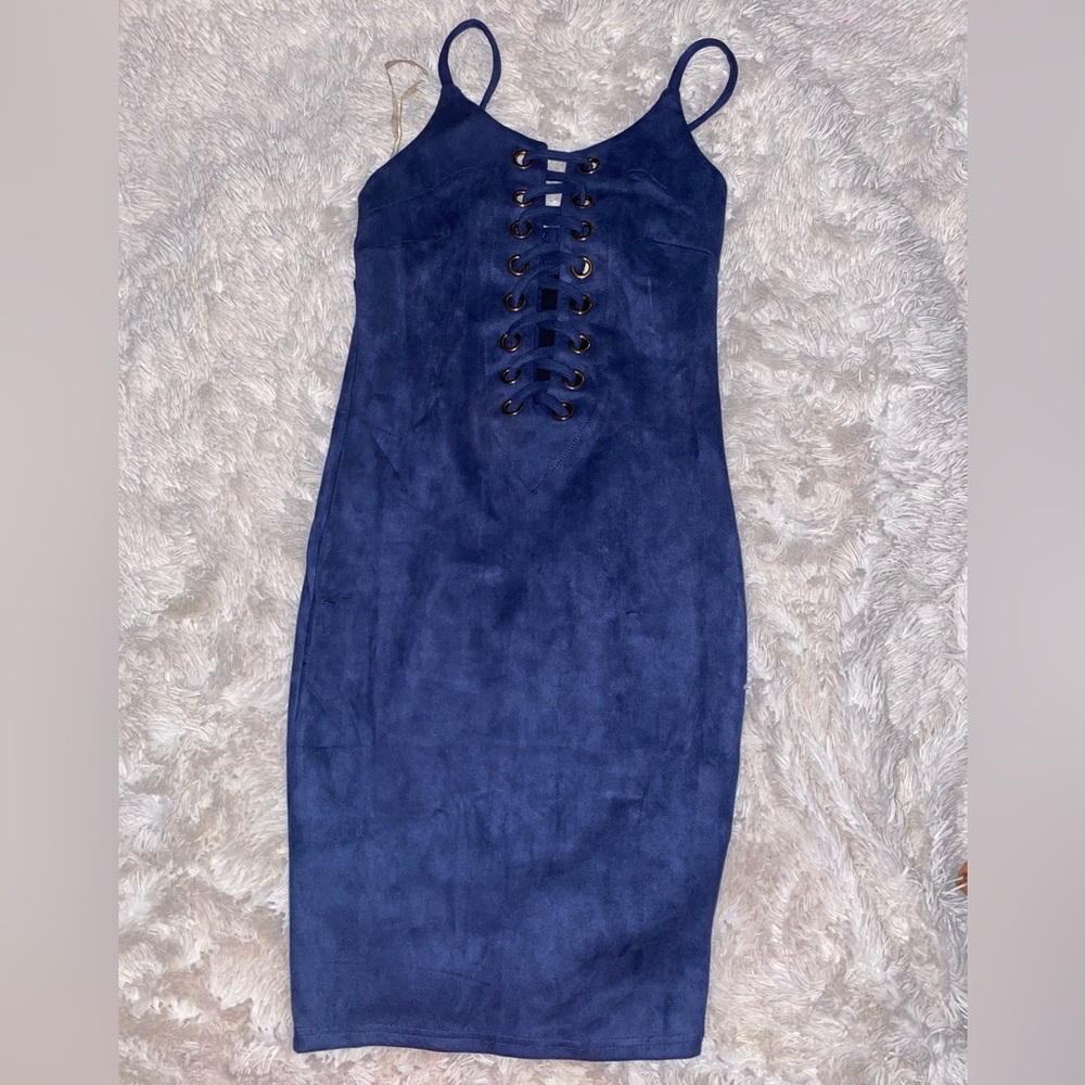 Blue lace up suede dress